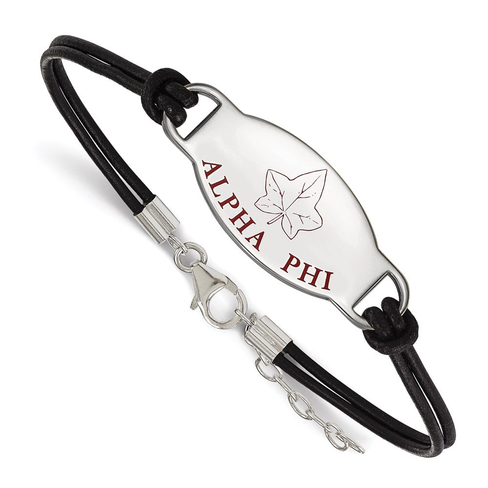 Sterling Silver Rhodium-plated LogoArt Alpha Phi Sorority Symbol Color Enamel Black Leather 7 inch Bracelet with Extender, 7 x 33 mm