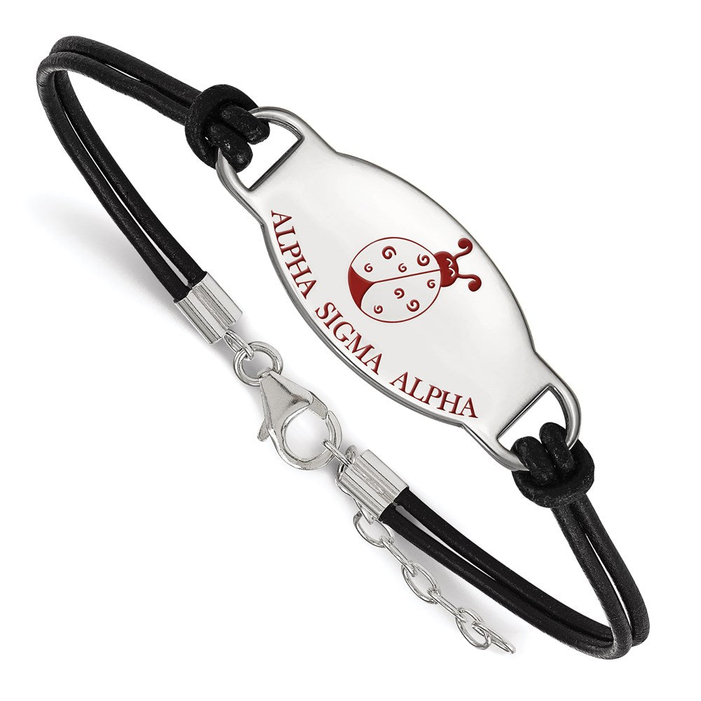 Sterling Silver Rhodium-plated LogoArt Alpha Sigma Alpha Sorority Symbol Color Enamel Black Leather 7 inch Bracelet with Extender, 7 x 33 mm