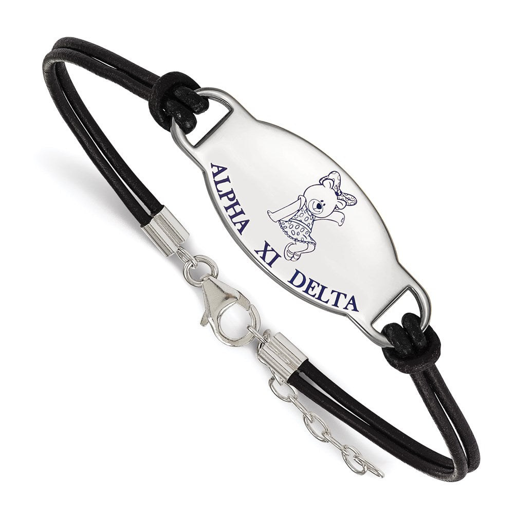 Sterling Silver Rhodium-plated LogoArt Alpha Xi Delta Sorority Symbol Color Enamel Black Leather 7 inch Bracelet with Extender, 7 x 33 mm