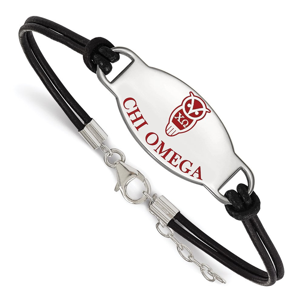 Sterling Silver Rhodium-plated LogoArt Chi Omega Sorority Symbol Color Enamel Black Leather 7 inch Bracelet with Extender, 7 x 33 mm