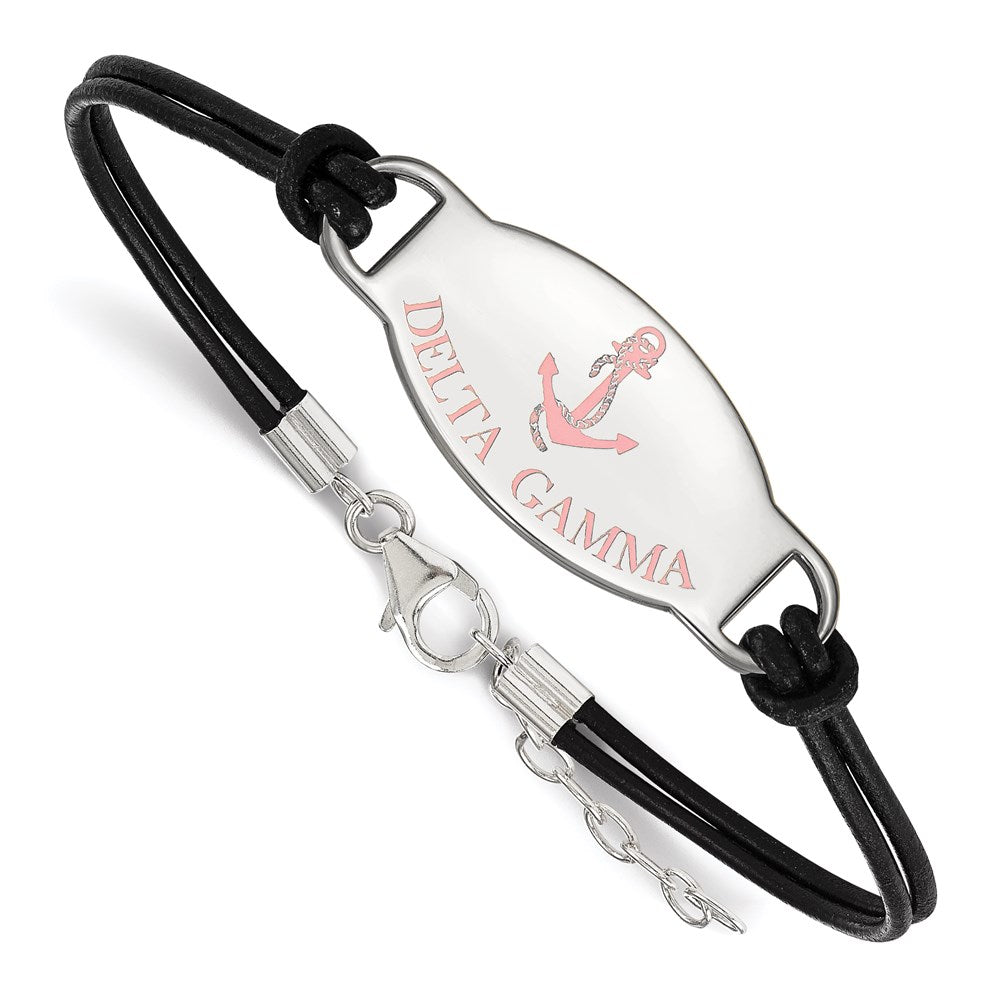 Sterling Silver Rhodium-plated LogoArt Delta Gamma Sorority Symbol Color Enamel Black Leather 7 inch Bracelet with Extender, 7 x 33 mm