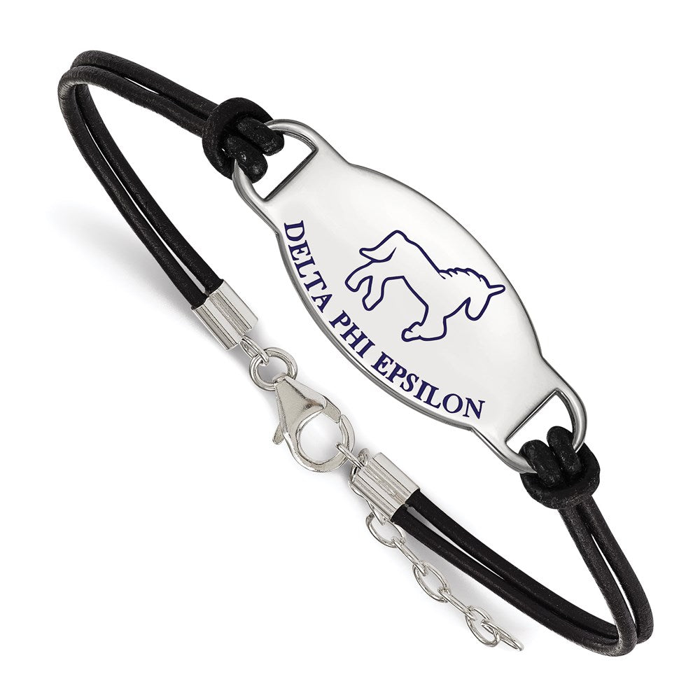 Sterling Silver Rhodium-plated LogoArt Delta Phi Epsilon Sorority Symbol Color Enamel Black Leather 7 inch Bracelet with Extender, 7 x 33 mm