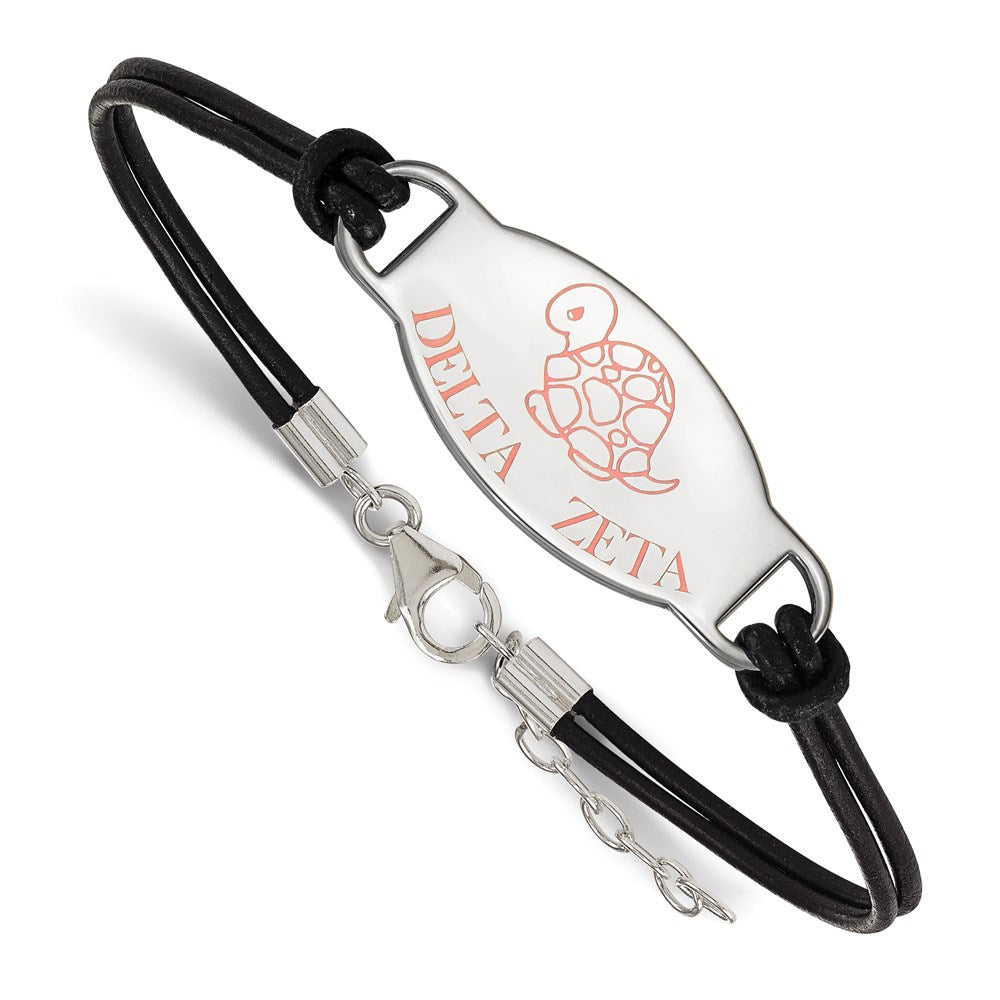 Sterling Silver Rhodium-plated LogoArt Delta Zeta Sorority Symbol Color Enamel Black Leather 7 inch Bracelet with Extender, 7 x 33 mm
