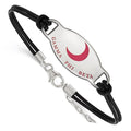Sterling Silver Rhodium-plated LogoArt Gamma Phi Beta Sorority Symbol Color Enamel Black Leather 7 inch Bracelet with Extender, 7 x 33 mm