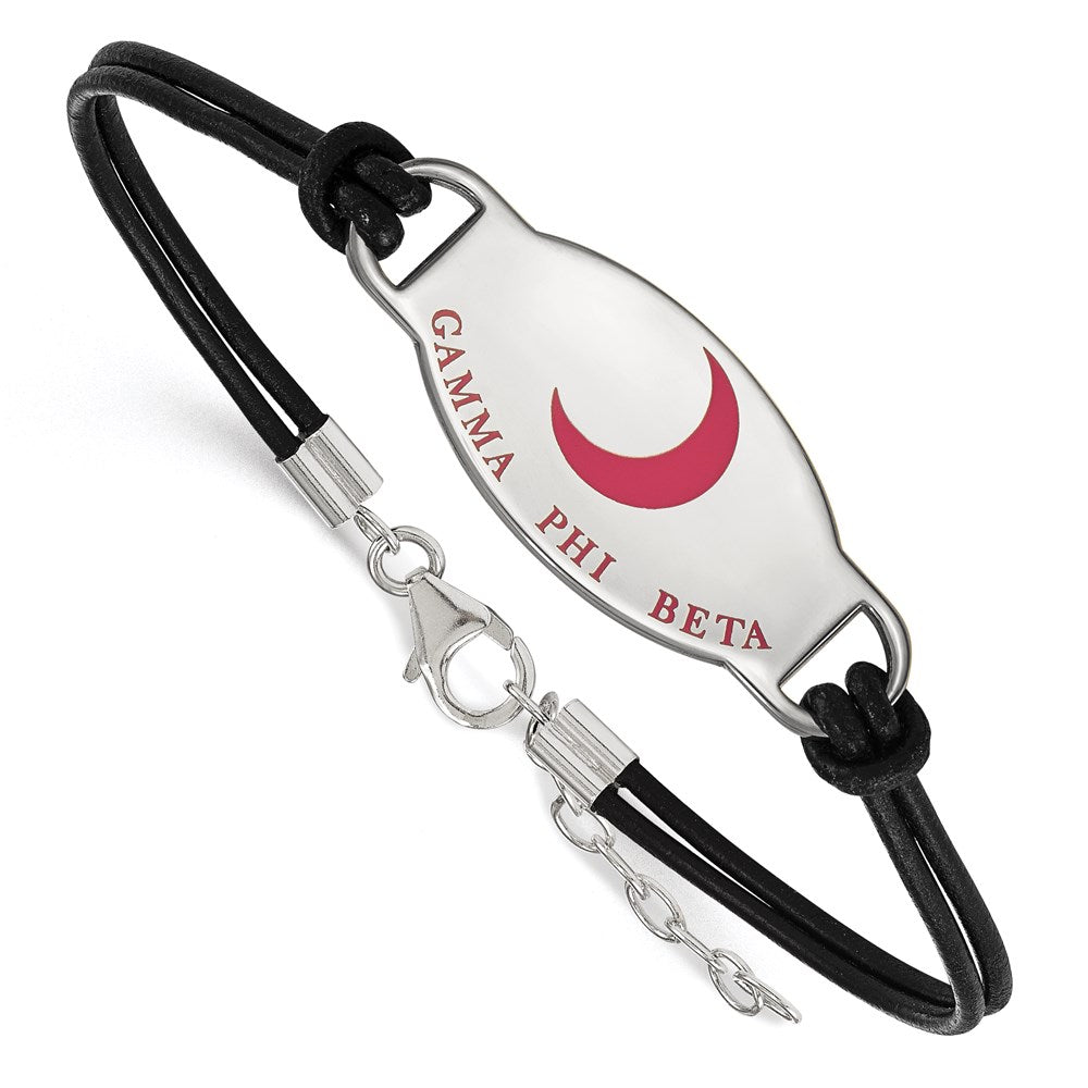 Sterling Silver Rhodium-plated LogoArt Gamma Phi Beta Sorority Symbol Color Enamel Black Leather 7 inch Bracelet with Extender, 7 x 33 mm