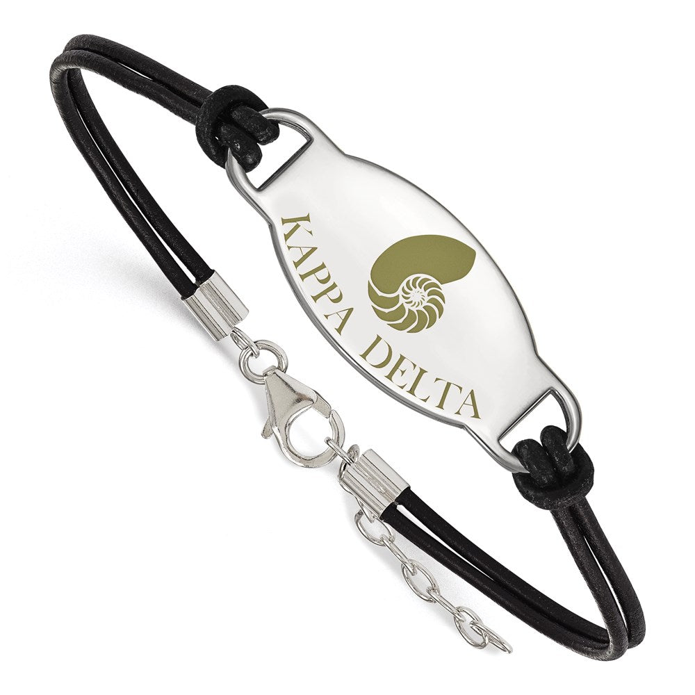 Sterling Silver Rhodium-plated LogoArt Kappa Delta Sorority Symbol Color Enamel Black Leather 7 inch Bracelet with Extender, 7 x 33 mm