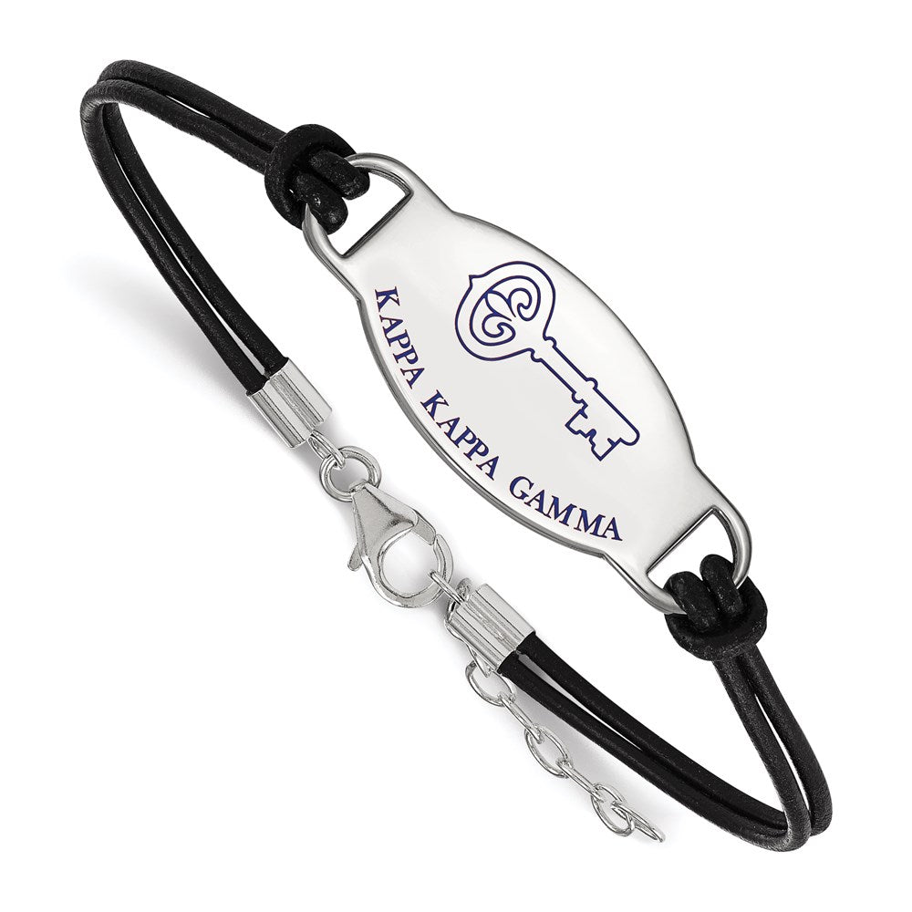 Sterling Silver Rhodium-plated LogoArt Kappa Kappa Gamma Sorority Symbol Color Enamel Black Leather 7 inch Bracelet with Extender, 7 x 33 mm