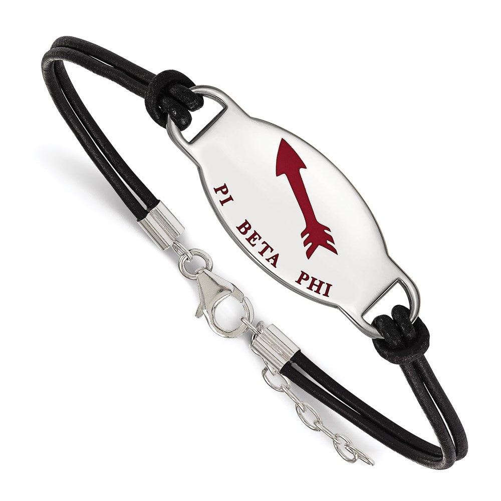 Sterling Silver Rhodium-plated LogoArt Pi Beta Phi Sorority Symbol Color Enamel Black Leather 7 inch Bracelet with Extender, 7 x 33 mm