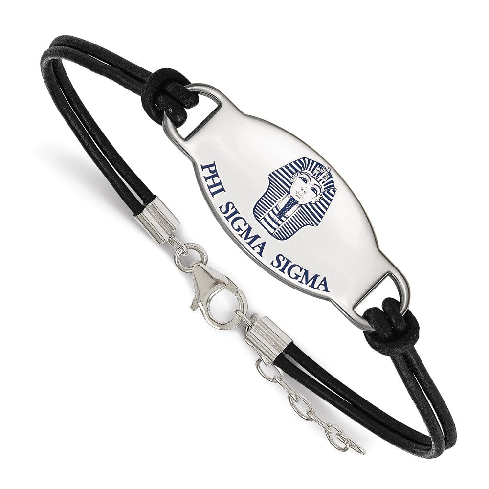 Sterling Silver Rhodium-plated LogoArt Phi Sigma Sigma Sorority Symbol Color Enamel Black Leather 7 inch Bracelet with Extender, 7 x 33 mm