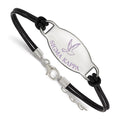 Sterling Silver Rhodium-plated LogoArt Sigma Kappa Sorority Symbol Color Enamel Black Leather 7 inch Bracelet with Extender, 7 x 33 mm