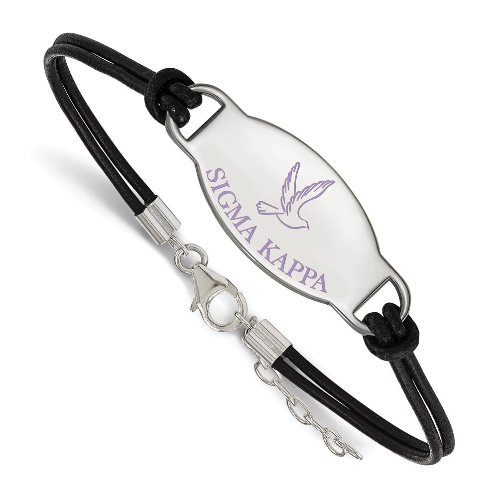 Sterling Silver Rhodium-plated LogoArt Sigma Kappa Sorority Symbol Color Enamel Black Leather 7 inch Bracelet with Extender, 7 x 33 mm