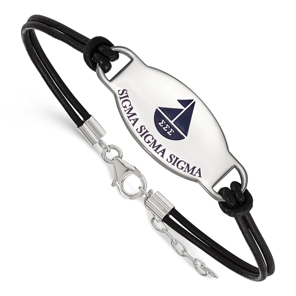 Sterling Silver Rhodium-plated LogoArt Sigma Sigma Sigma Sorority Symbol Color Enamel Black Leather 7 inch Bracelet with Extender, 7 x 33 mm