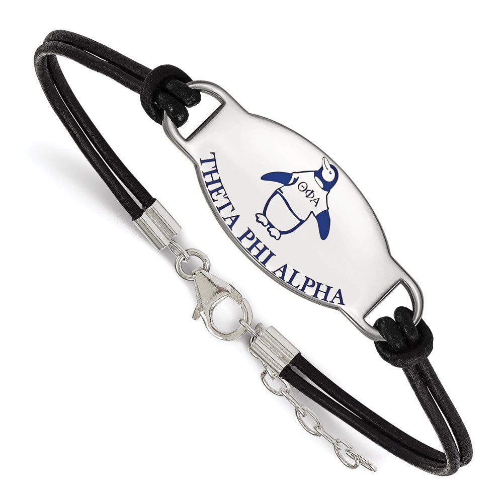 Sterling Silver Rhodium-plated LogoArt Theta Phi Alpha Sorority Symbol Color Enamel Black Leather 7 inch Bracelet with Extender, 7 x 33 mm
