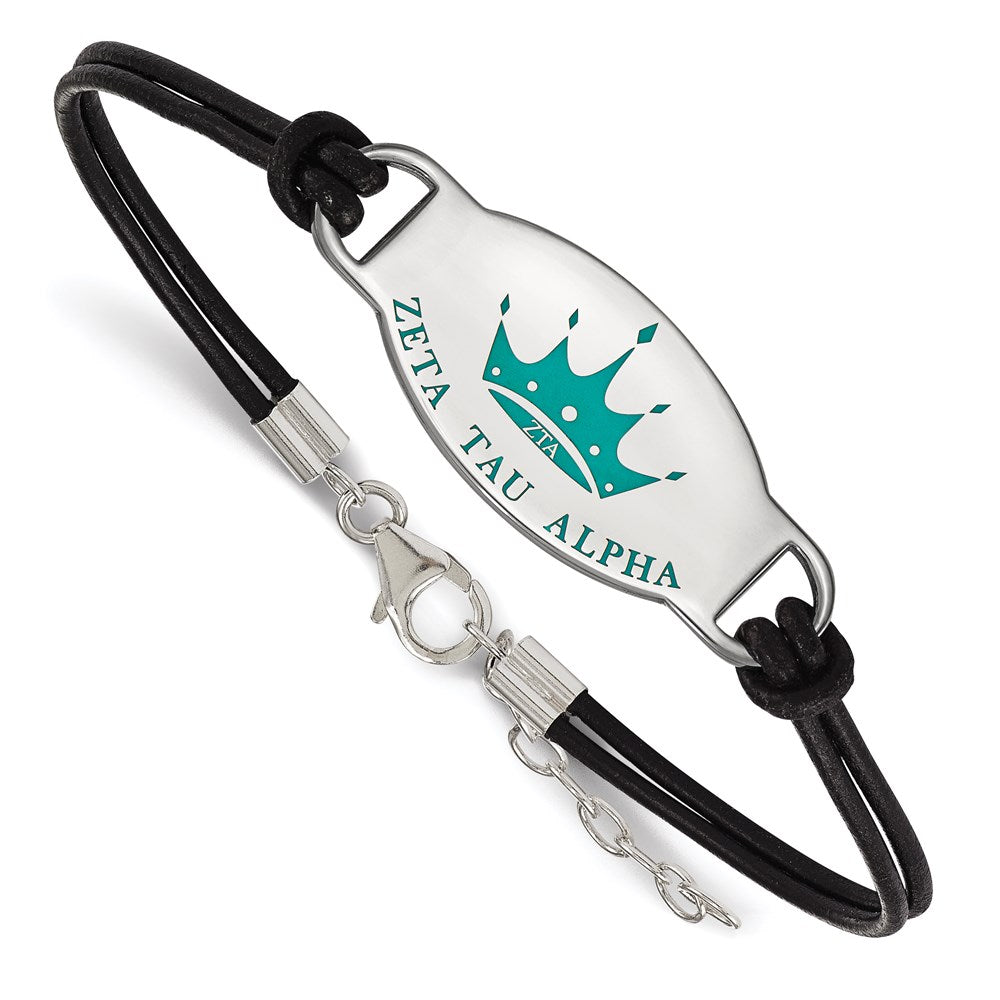 Sterling Silver Rhodium-plated LogoArt Zeta Tau Alpha Sorority Symbol Color Enamel Black Leather 7 inch Bracelet with Extender, 7 x 33 mm