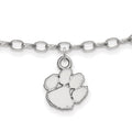 Sterling Silver Rhodium-plated LogoArt Clemson University Tiger Paw 9 inch Anklet, 9 x 10 mm