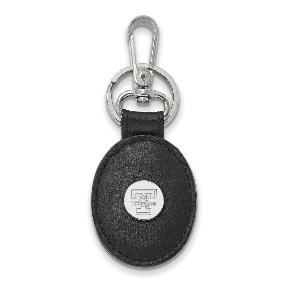 SS Rh-p LogoArt University of Tennessee Black Leather Oval Key Chai