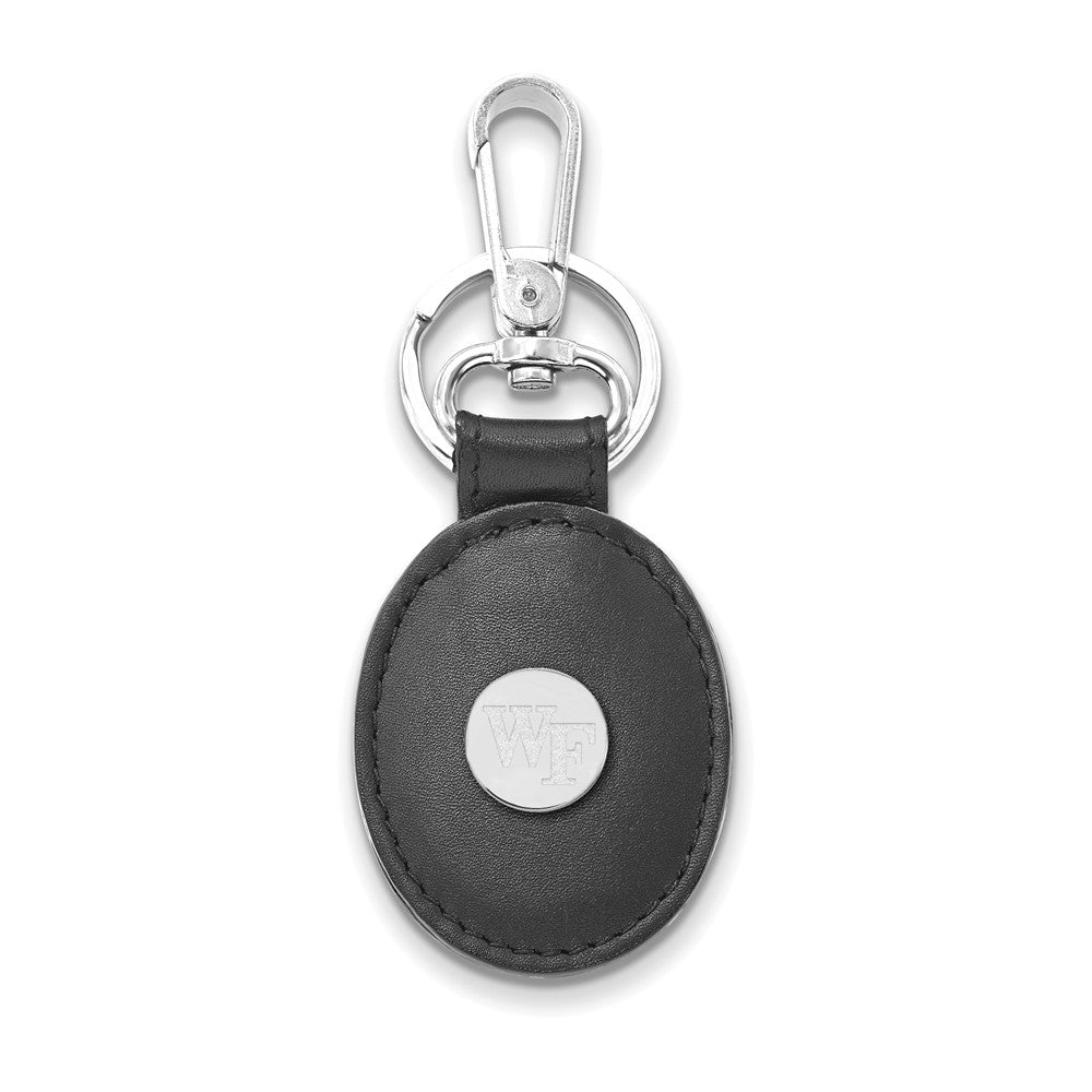 SS Rh-p LogoArt Wake Forest University Black Leather Oval Key Chain
