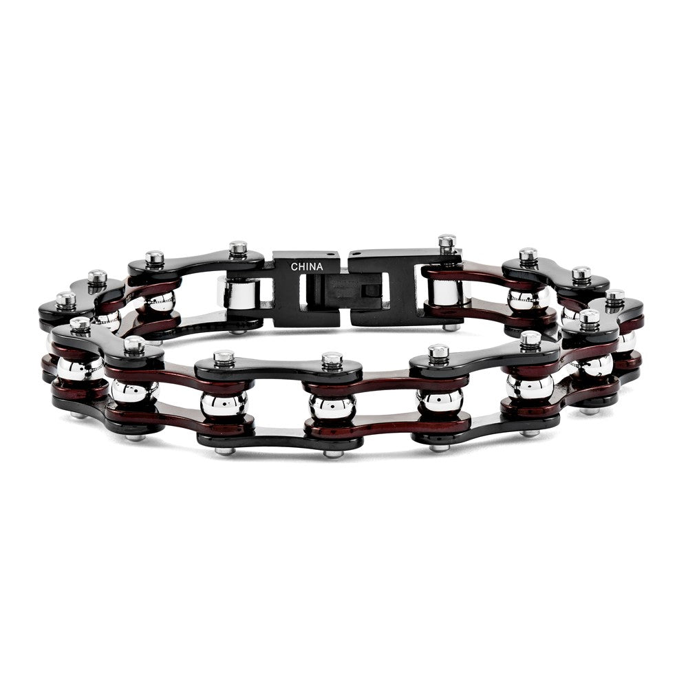 Stainless Steel w/Black IP & Red IP Ctr Bike Chain 8.25 Bracelet, 8.25 mm