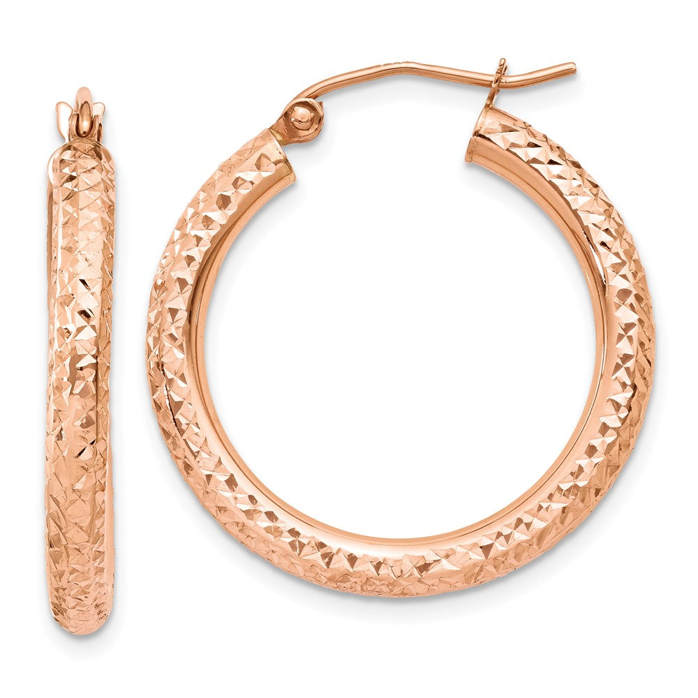 14k Rose Gold 3x25mm Diamond-cut Round Tube Hoop Earrings, 25 x 3 mm
