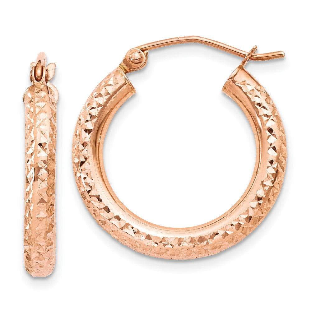 14k Rose Gold 3x20mm Diamond-cut Round Tube Hoop Earrings, 20 x 3 mm