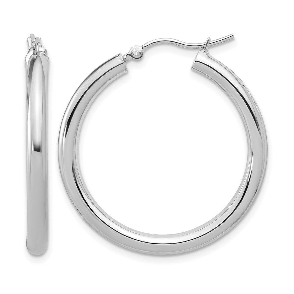 10K White Gold Polished Hinged Hoop Earrings, 30 x 3 mm