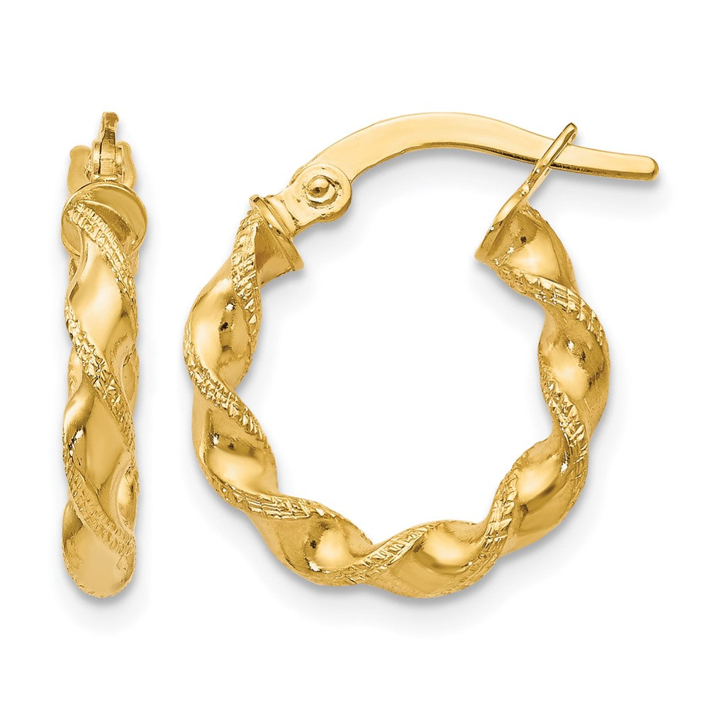 10K Polished and Textured Twisted Hinged Hoop Earrings, 16 x 2.5 mm