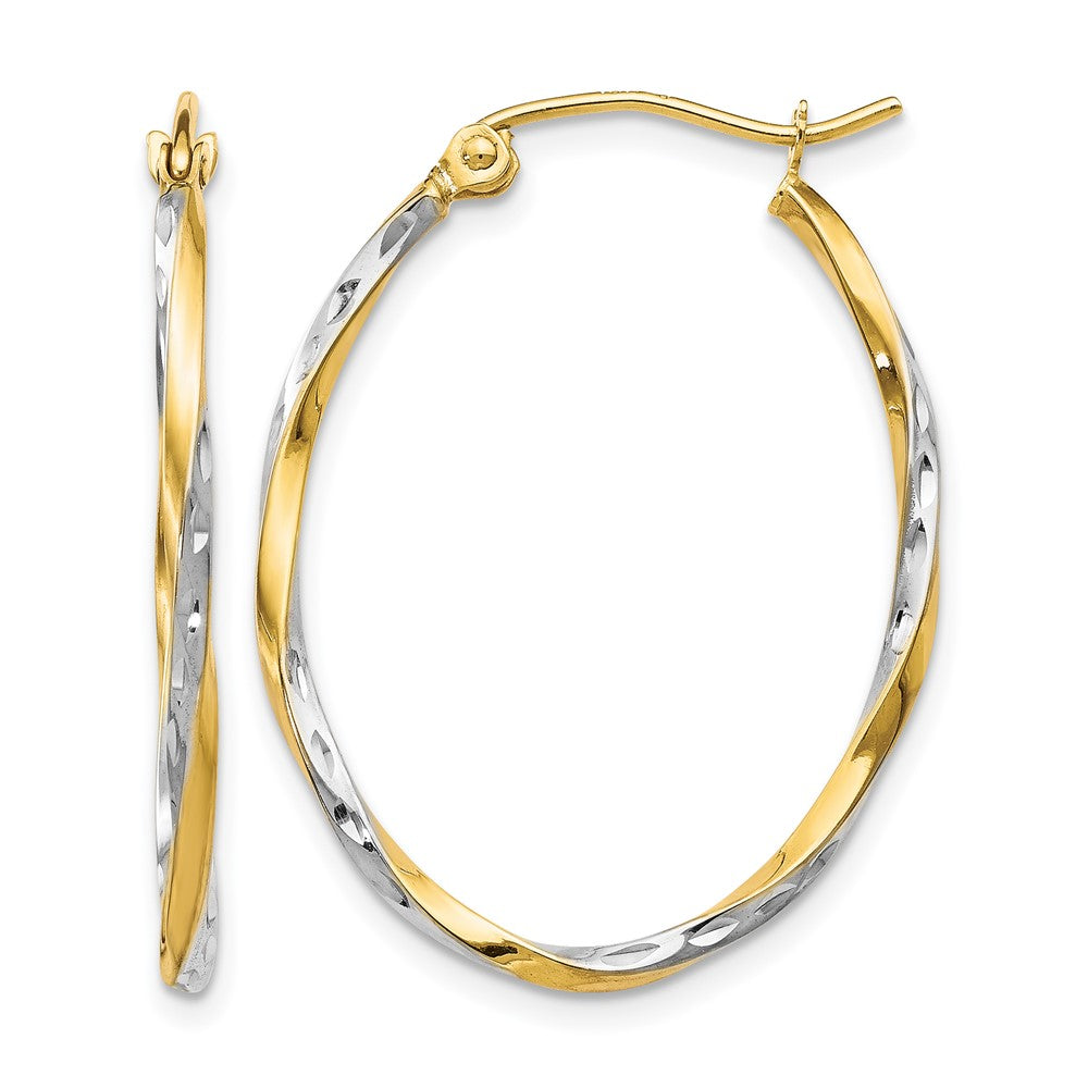 10K w/Rhodium Oval Hinged Hoop Earrings, 30 x 1.25 mm