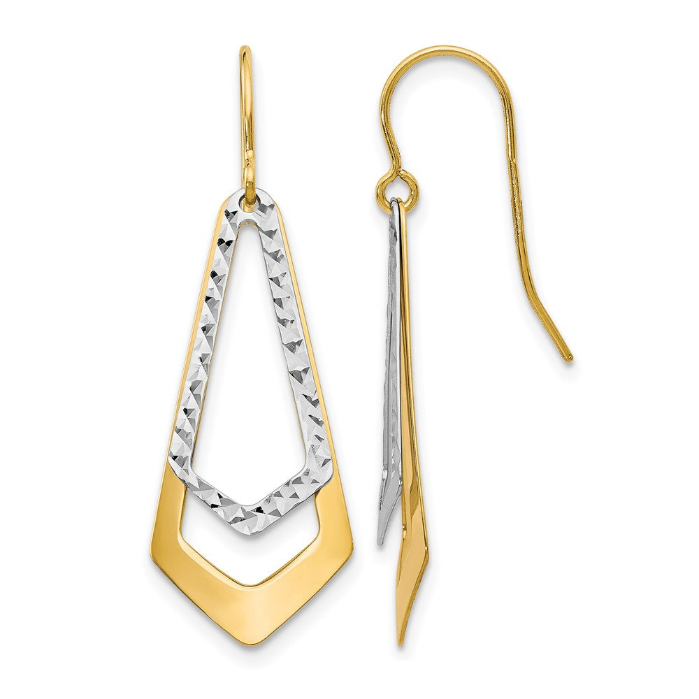 10K Two-tone D/C Shepherd Hook Dangle Earrings, 32.5 x 11.4 mm