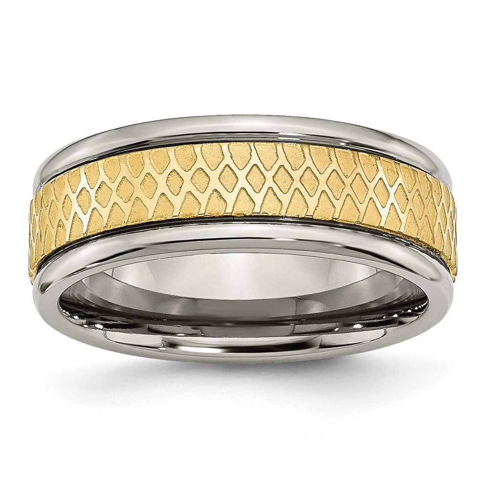 Titanium 8mm Yellow IP-plated Ridged Edge Fancy Brushed Band, 8 mm