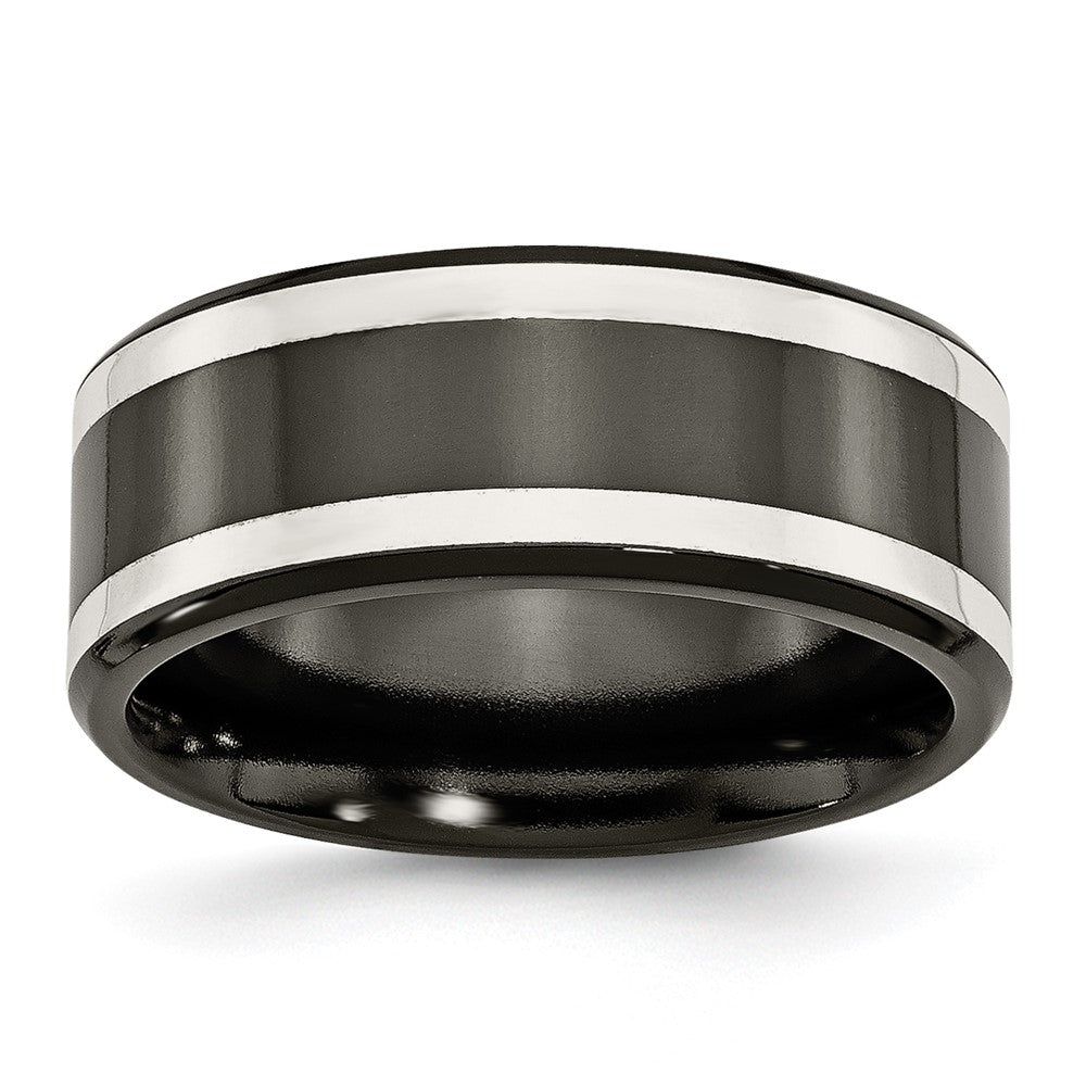 Titanium Black Ti with Sterling Silver Inlay Polished 9mm Flat Band, Size 11.5, 9 mm