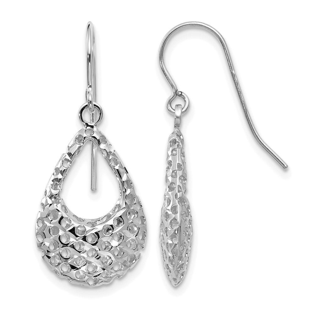 10K White Gold Textured Shepherd Hook Dangle Earrings, 28.75 x 12.4 mm