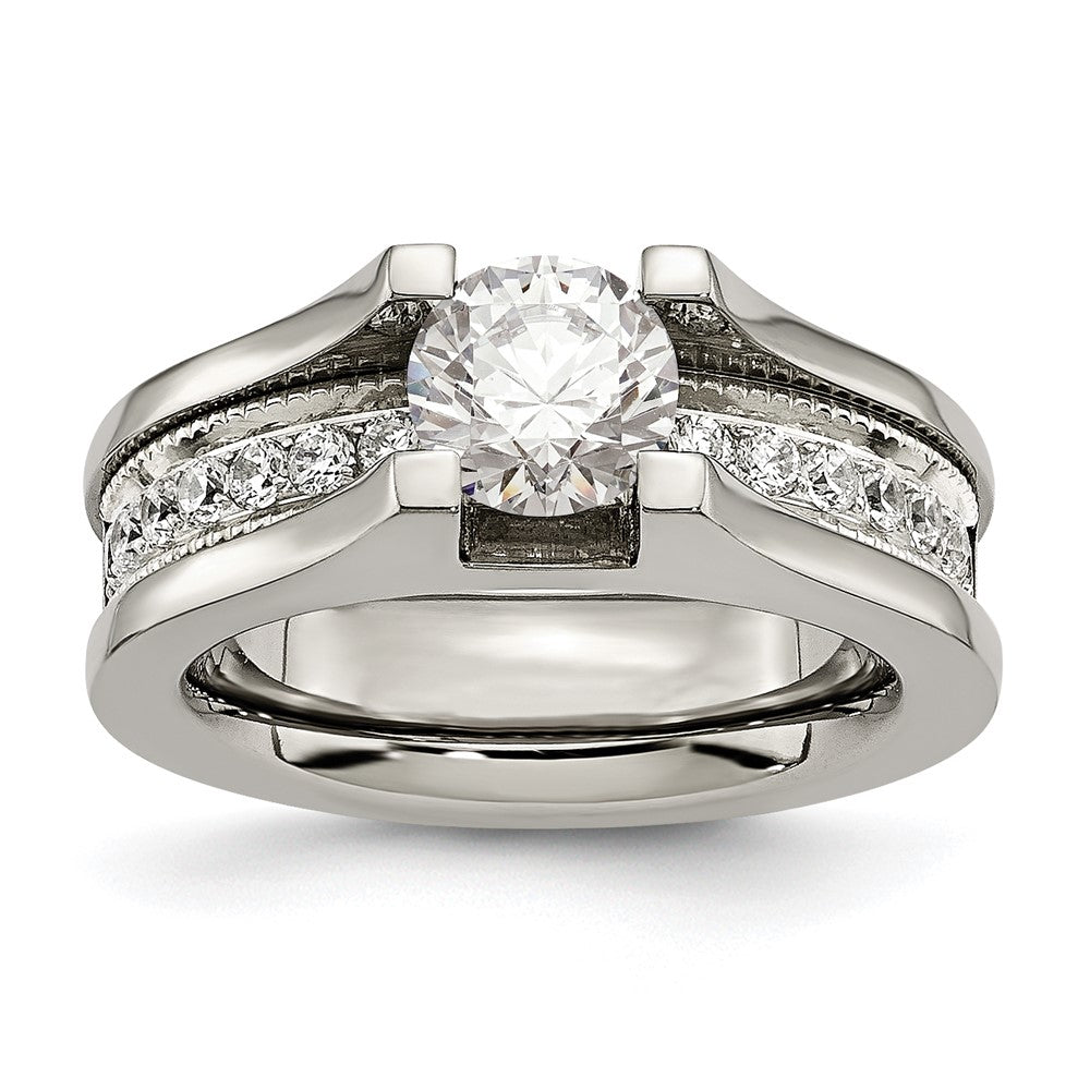 Chisel Titanium with Sterling Silver Accent Polished with CZ Ring, Size 6
