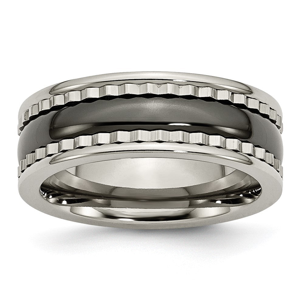 Titanium w/Sawtooth Accent/Polished Black Ceramic Center 8mm Band, Size 7, 8 mm