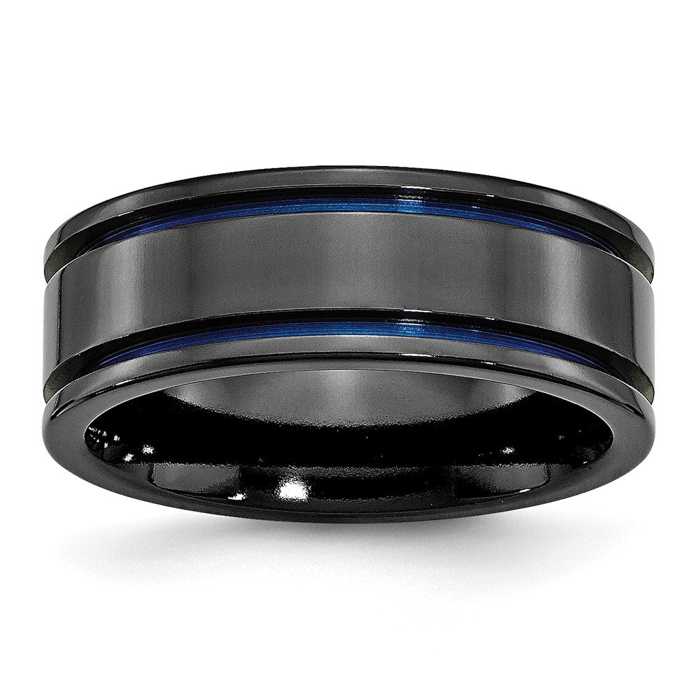 Titanium Black Ti Polished Blue Anodized 8mm Grooved Band, Size 7, 8 mm