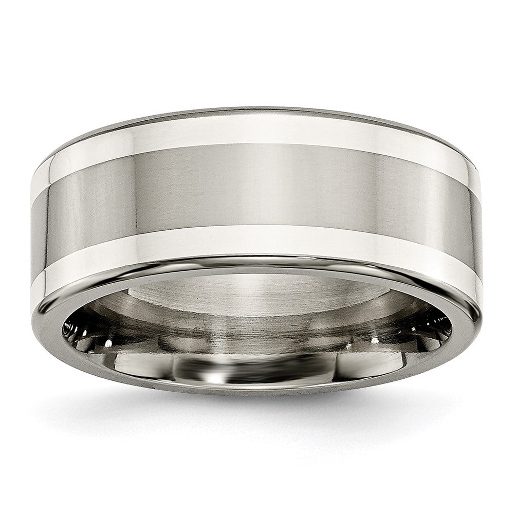 Titanium w/ Argentium .925 Silver Inlay 9mm Polished Flat Band, Size 9.5, 9 mm