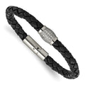 Chisel Titanium Polished with CZ Black Leather Bracelet, 7.5 x 10 mm