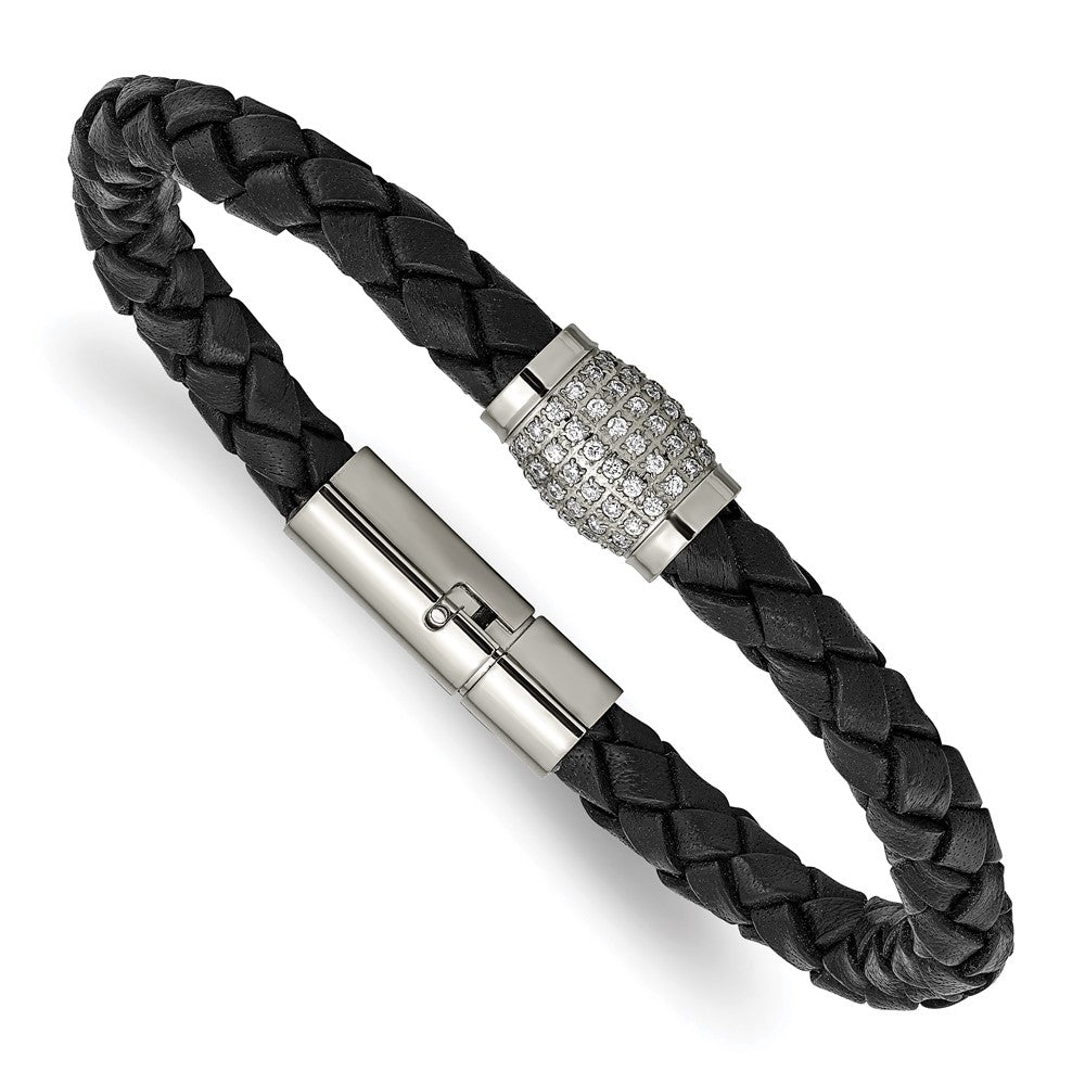 Chisel Titanium Polished with CZ Black Leather Bracelet, 7.5 x 10 mm