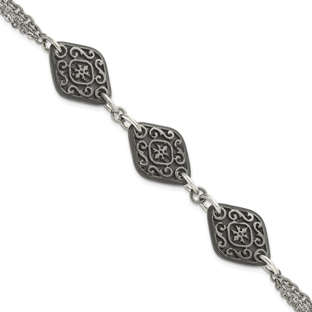 Titanium Sterling Silver Black Ti Polished & Etched 3-Charm Bracelet, 7.75 x 18.3 mm