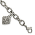 Titanium & Sterling Silver Black Ti Polished & Etched Charm Bracelet, 8 mm
