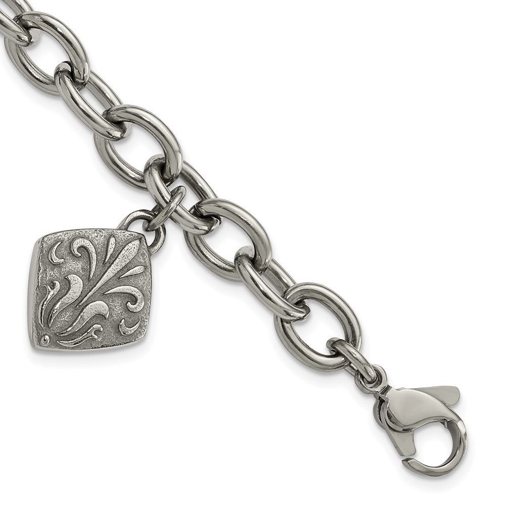 Titanium & Sterling Silver Black Ti Polished & Etched Charm Bracelet, 8 mm