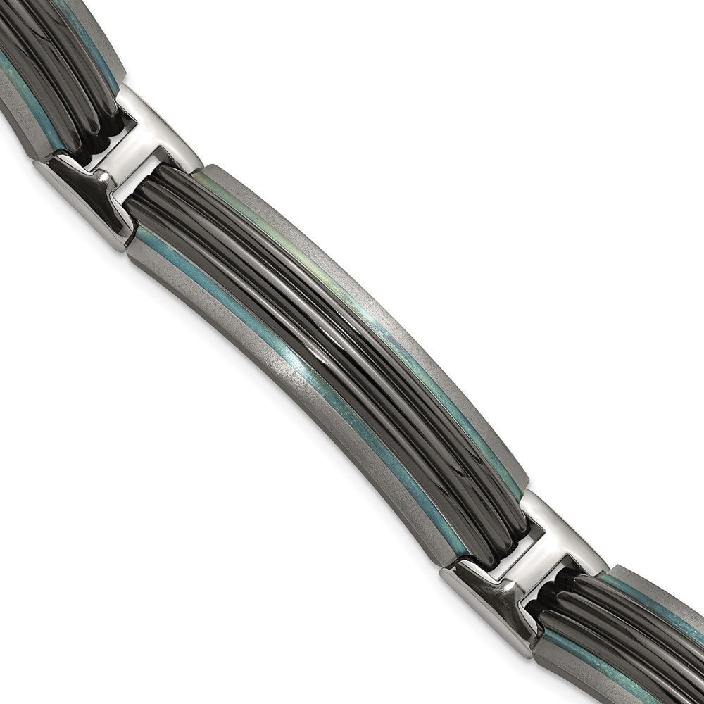 Titanium Sterling Silver Black Ti Polished & Brushed Striped Link Bracelet, 8 x 12 mm