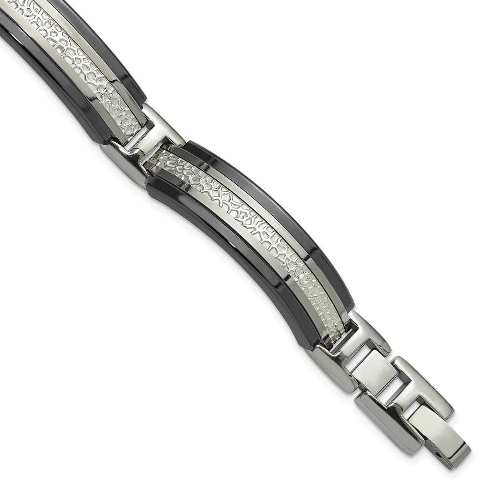 Titanium Sterling Silver Black Ti Men's Polished with Textured Center Link Bracelet, 8 x 12 mm