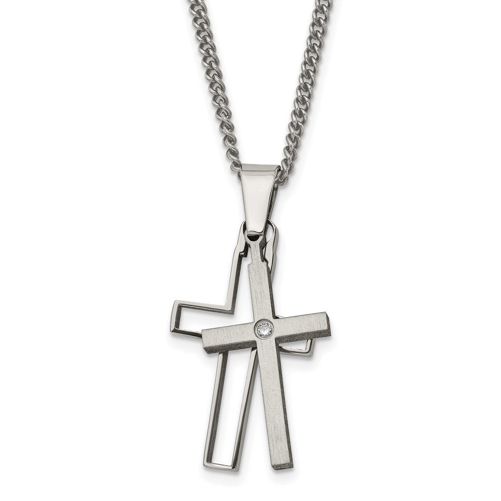 Chisel Titanium Brushed and Polished with .03 carat Diamond Cross 22 inch Necklace, 0.035 ct, 22 x 18 mm
