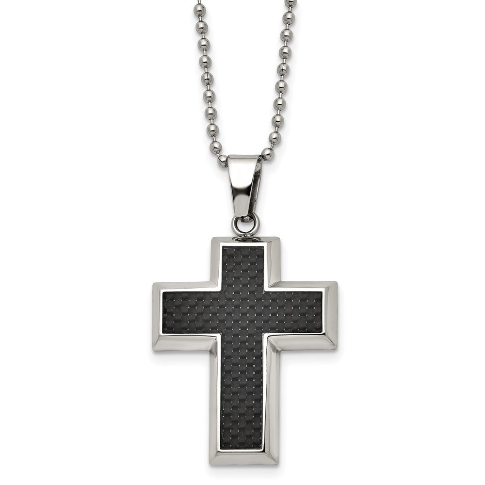 Chisel Titanium Polished with Black Carbon Fiber Inlay Cross 22 inch Necklace, 22 x 28 mm