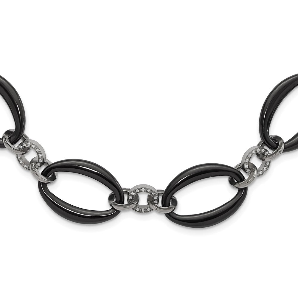 Titanium Polished Black IP-plated & CZ Oval Link Necklace, 21 x 21.3 mm