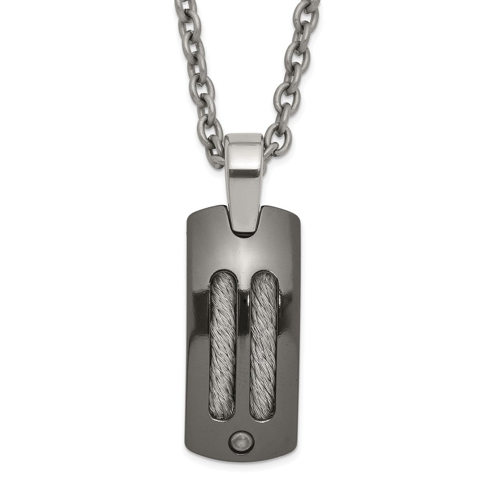 Titanium/Ster.Sil Black Ti Polished w/Cable Inlay Dog Tag Necklace, 20 mm