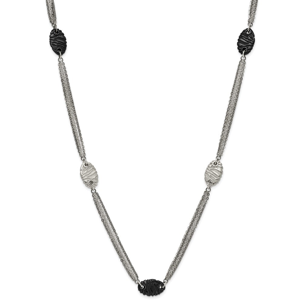 Titanium Sterling Silver Black Ti Polished and Etched Oval Station Necklace, 36 x 13.15 mm