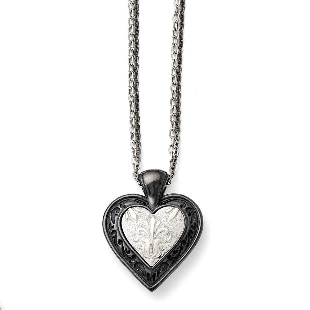 Titanium/Ster.Sil Black Ti Polished Etched Heart w/2 Chain Necklace, 18.25 mm