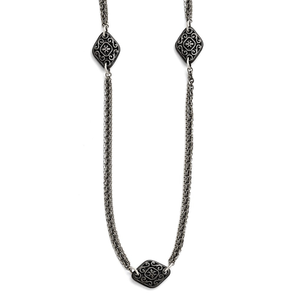 Titanium/Ster.Sil Black Ti Polished Etched Charms Necklace, 34 mm