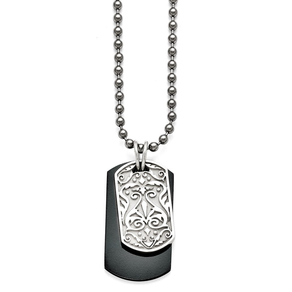 Titanium/Ster.Sil Black Ti Polished Etched Dog Tag Necklace, 20 mm, 23.53 g